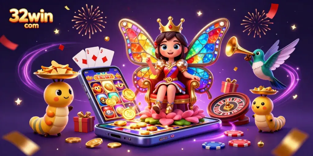 Spin and win with 32win com as a butterfly queen oversees a vibrant casino scene with exciting game elements.