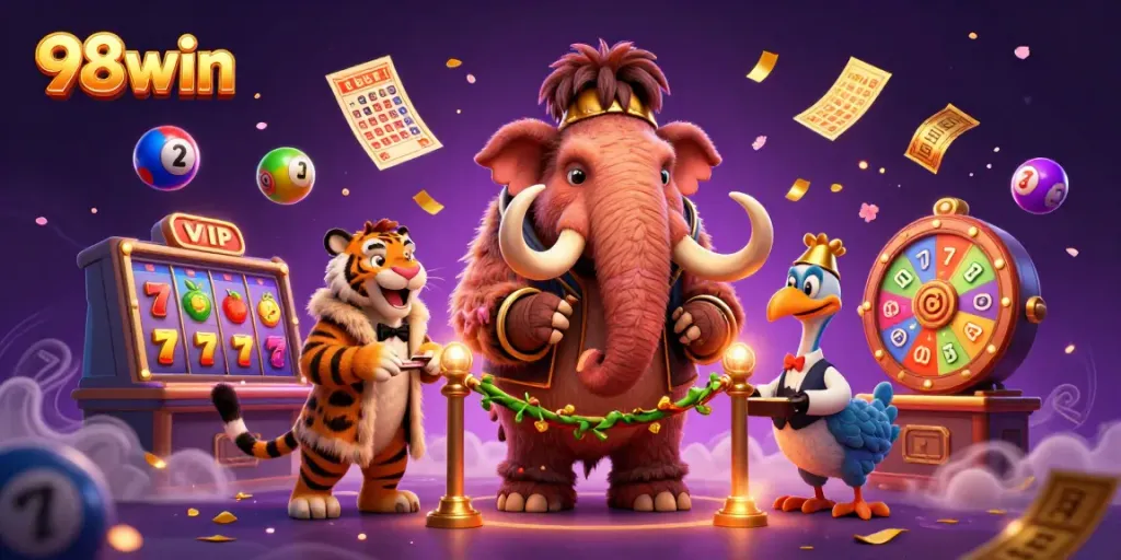 Engage with the vibrant world of 98win featuring a woolly mammoth bouncer, saber-tooth tiger VIP, and colorful slot elements.