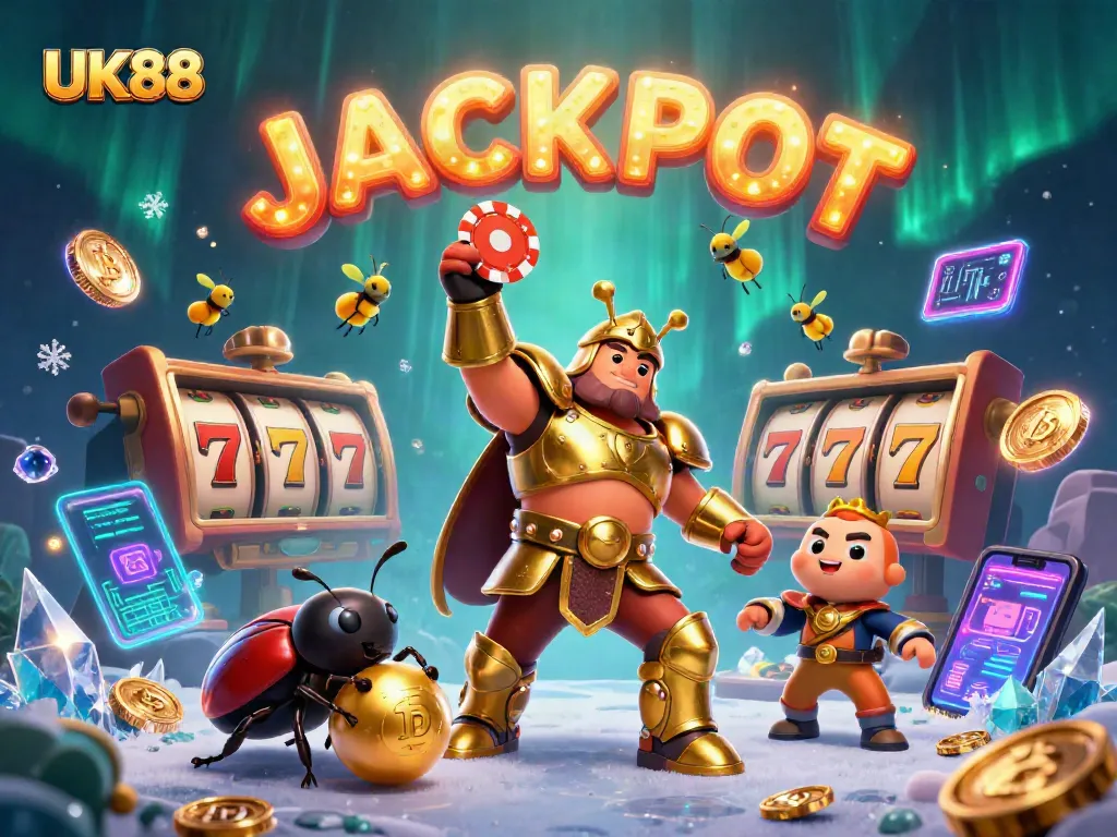 Join the fun at UK88 with a victorious beetle lifting a poker chip amidst casino excitement.