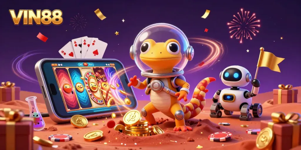 Experience the excitement of VIN88 with a Martian gecko discovering a golden casino!