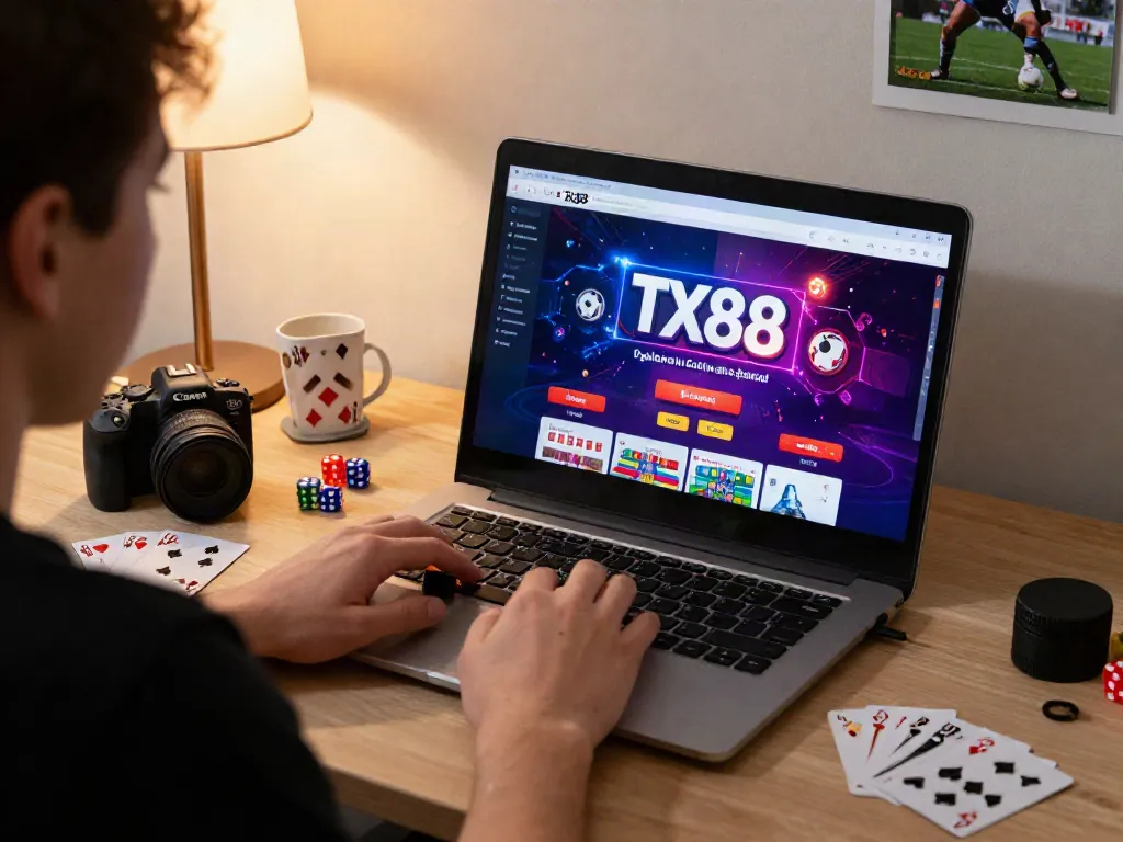 Engaged user on http://tx88-onl.net/ enjoying an online betting experience in a cozy home office.
