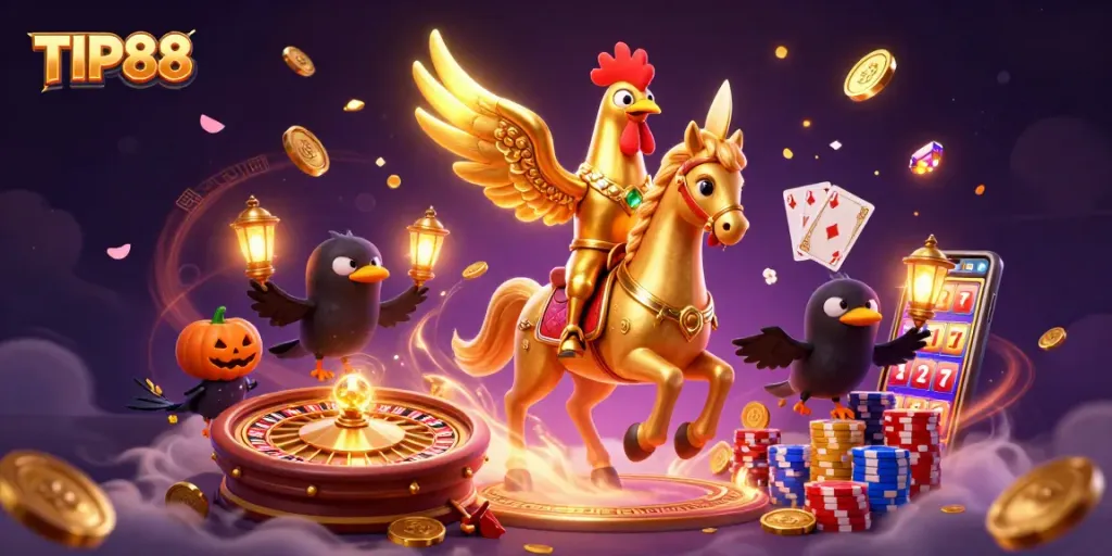 Experience the excitement of TIP88 with a vibrant 3D casino scene featuring a golden rooster and dynamism.