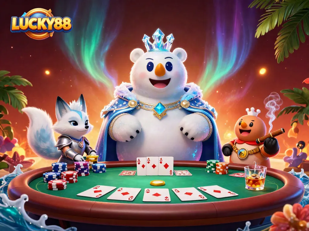 Experience the thrill of high-stakes poker with LUCKY88's vibrant casino scene featuring a royal polar bear.