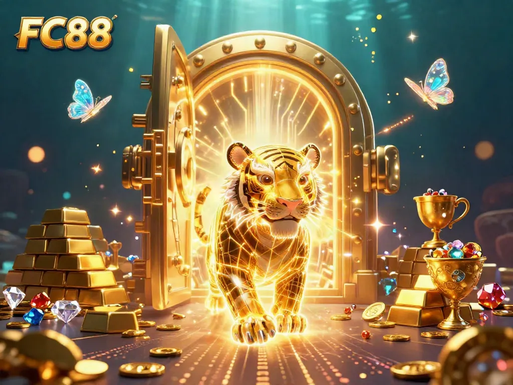 Experience the vibrant energy of FC88's digital casino with a golden tiger and sparkling treasures.