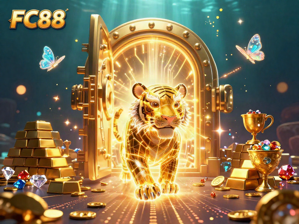 Experience the vibrant energy of FC88's digital casino with a golden tiger and sparkling treasures.