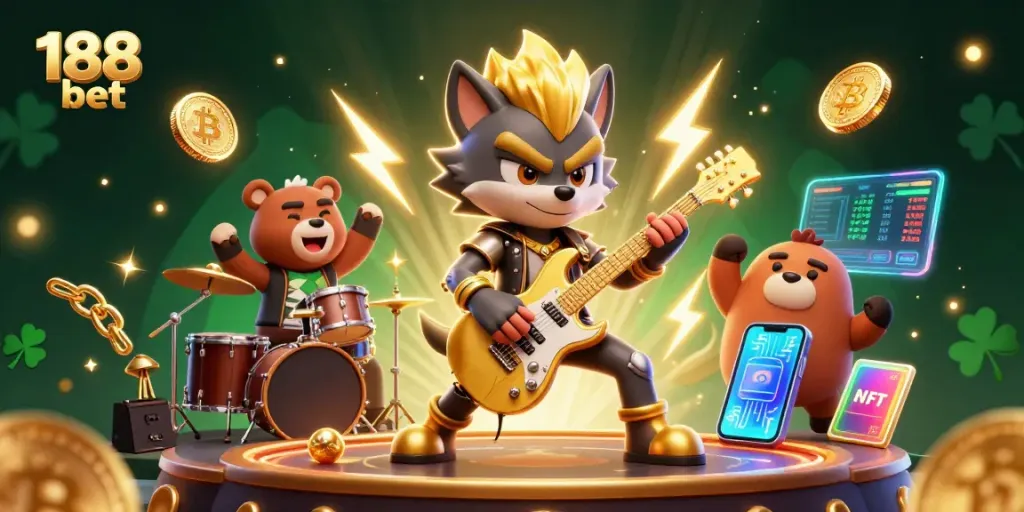 Experience the excitement of 188 bet with a vibrant casino scene featuring a rock star wolf and a bear drummer