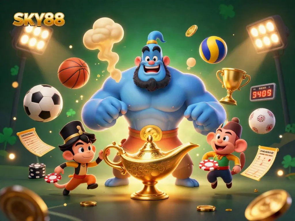 Experience the thrill of SKY88 casino with dynamic sports elements and vibrant characters.