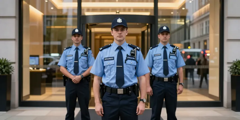 Reliable security professional standing at a corporate entrance, ensuring safety in London.