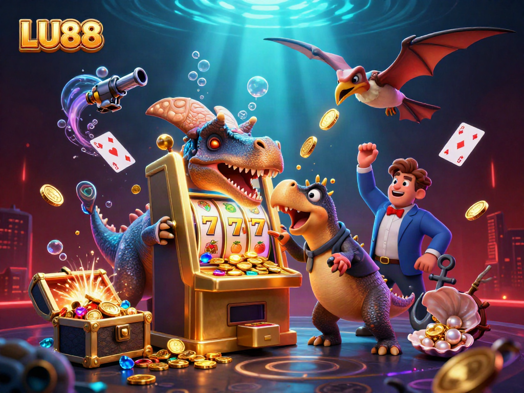 LU88 pays out jackpots as a pachycephalosaurus battles a slot machine in a vibrant casino scene.