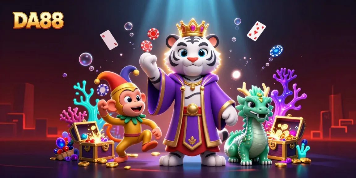 DA88 showcases an energetic 3D cartoon illustration featuring a white tiger, a jester monkey, and a jade dragon in a vibrant casino atmosphere.