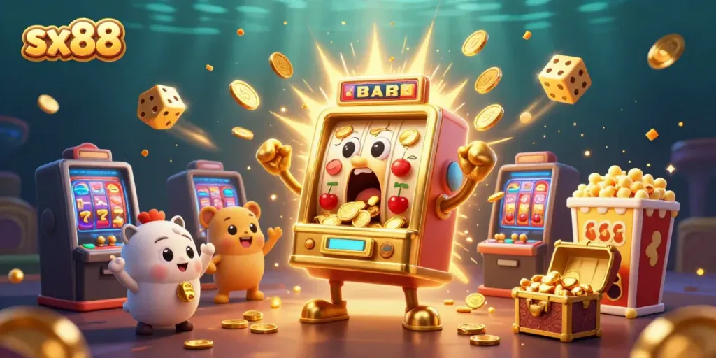 Experience the excitement of sx88 as a golden slot machine hits the jackpot with cheering companions.
