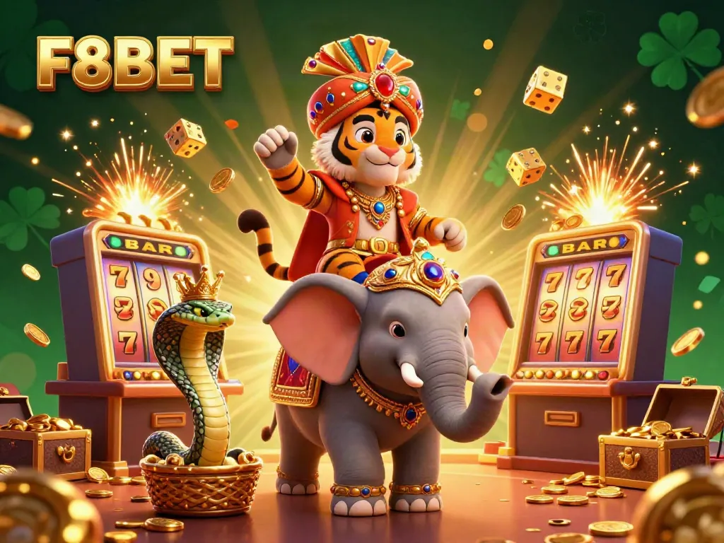 Engage with F8BET at a vibrant 3D casino with a maharaja tiger and jackpot elements creating excitement.
