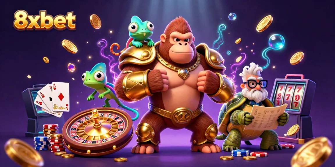 Experience the excitement of 8xbet with a dynamic illustration of a gorilla king, chameleon, and tortoise in a vibrant casino scene.