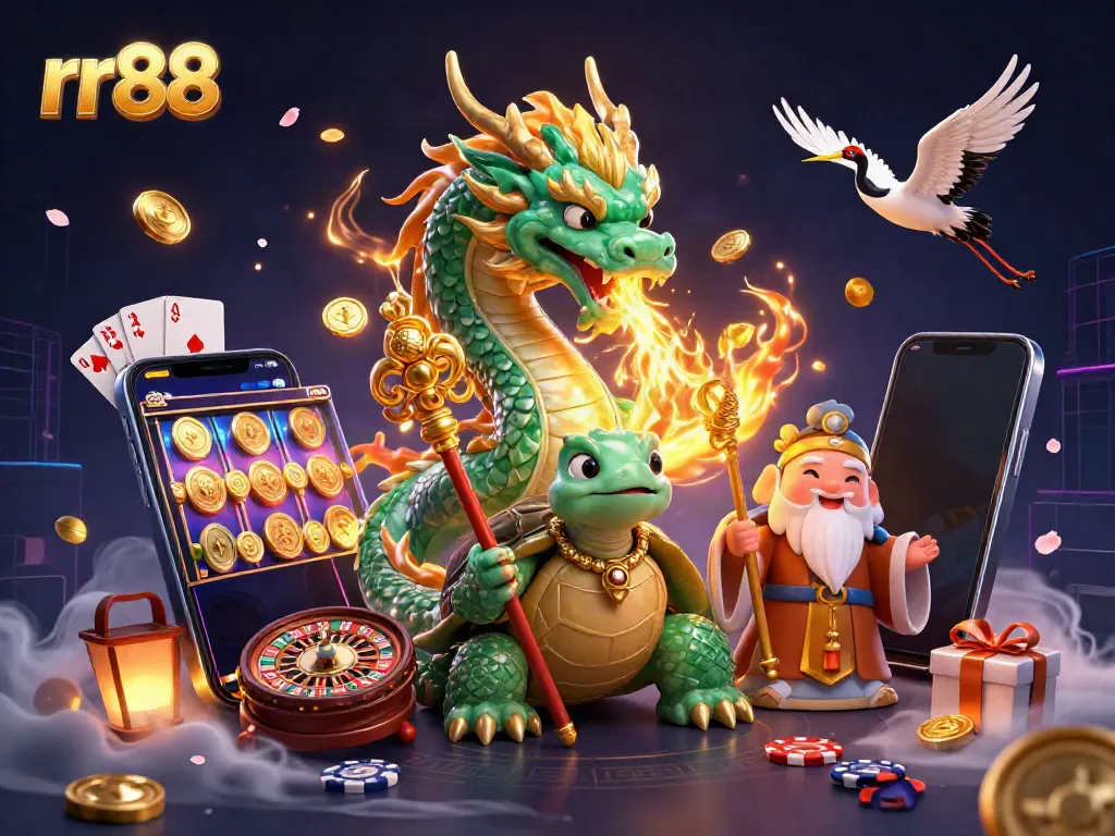 Experience the thrill of rr88 with a vibrant illustration featuring a jade dragon, turtle sage, and lucky cranes among casino elements.