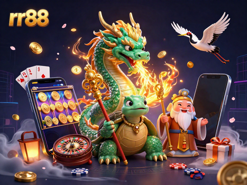 Experience the thrill of rr88 with a vibrant illustration featuring a jade dragon, turtle sage, and lucky cranes among casino elements.