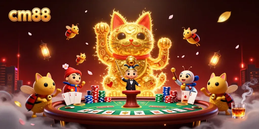 Experience the excitement of cm88 with vibrant casino elements in a dynamic scene featuring a lucky cat.