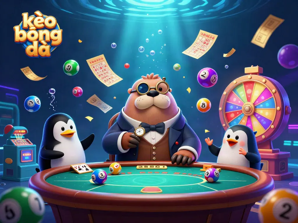 Engaging scene of kèo bóng đá with a walrus, penguin dealer, and pufferfish at an underwater poker table.