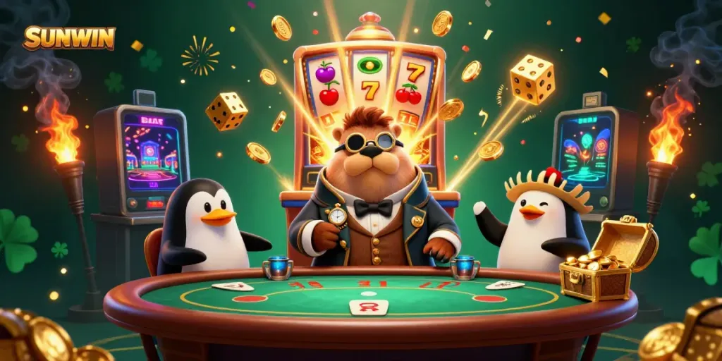 Play exciting casino games with SUNWIN featuring a jolly walrus, sophisticated penguin dealer, and a bluffing pufferfish.