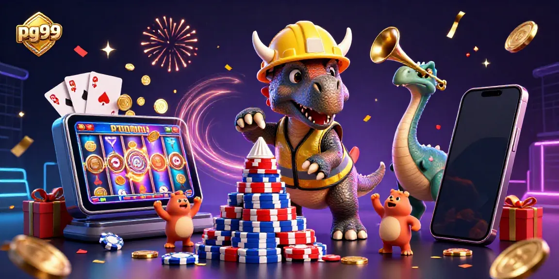 Experience thrilling gaming at pg99 with cheerful dinosaurs celebrating casino wins amidst vibrant confetti and casino elements.