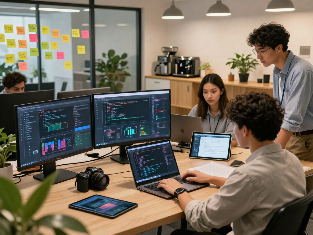 Collaboration in an AI-driven workspace showcasing young professionals working on 18+ ai applications.