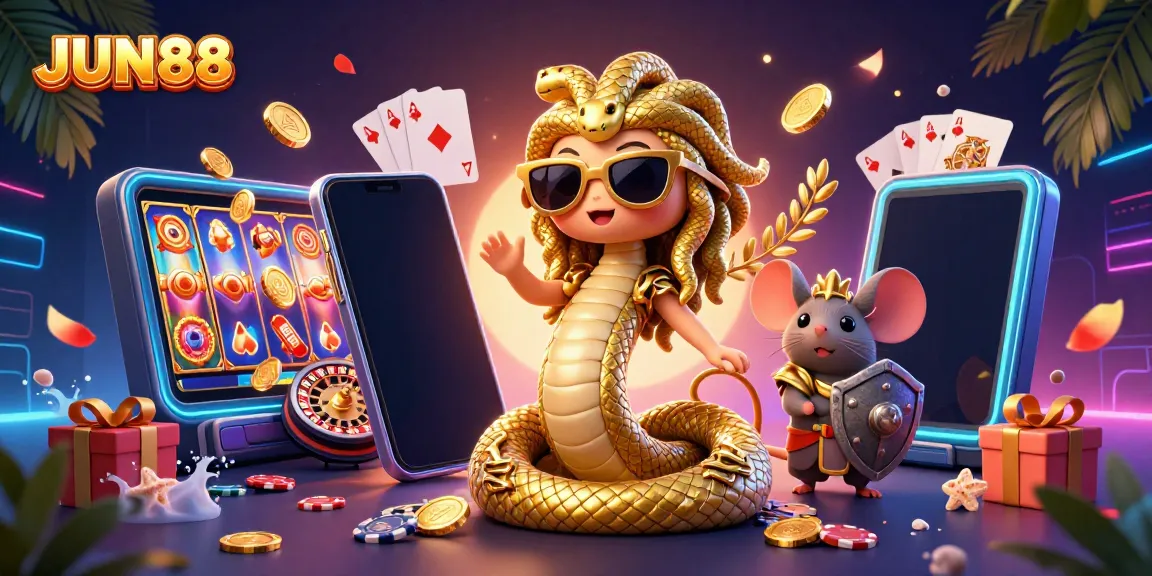 Experience the thrill of JUN88 gaming with a vibrant 3D illustration depicting Medusa and a warrior mouse among casino elements.
