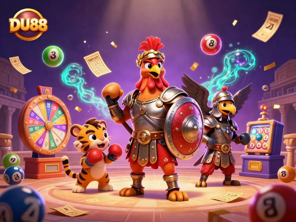 Join the excitement with DU88, where a cartoon gladiator rooster meets a tiger cub in a vibrant casino scene.