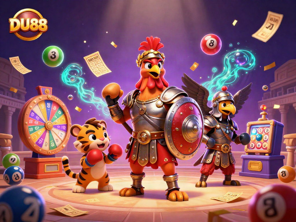 Join the excitement with DU88, where a cartoon gladiator rooster meets a tiger cub in a vibrant casino scene.