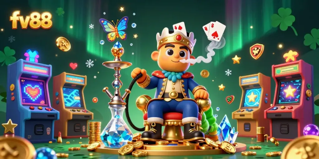 Join the action at FV88 with unique poker hand symbols and vibrant casino elements.