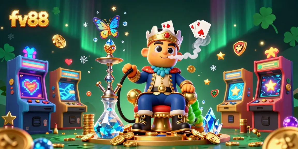 Join the action at FV88 with unique poker hand symbols and vibrant casino elements.