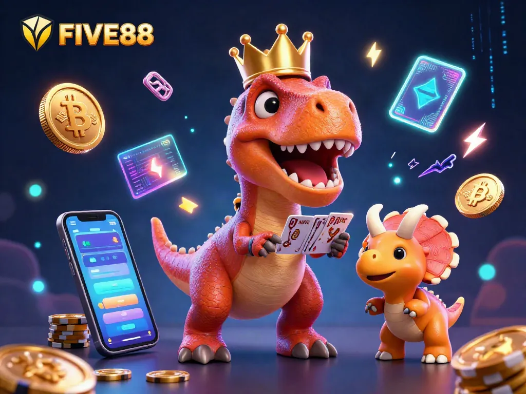 FIVE88 energizes players with a colorful 3D casino scene, featuring cartoon dinosaurs and crypto elements.