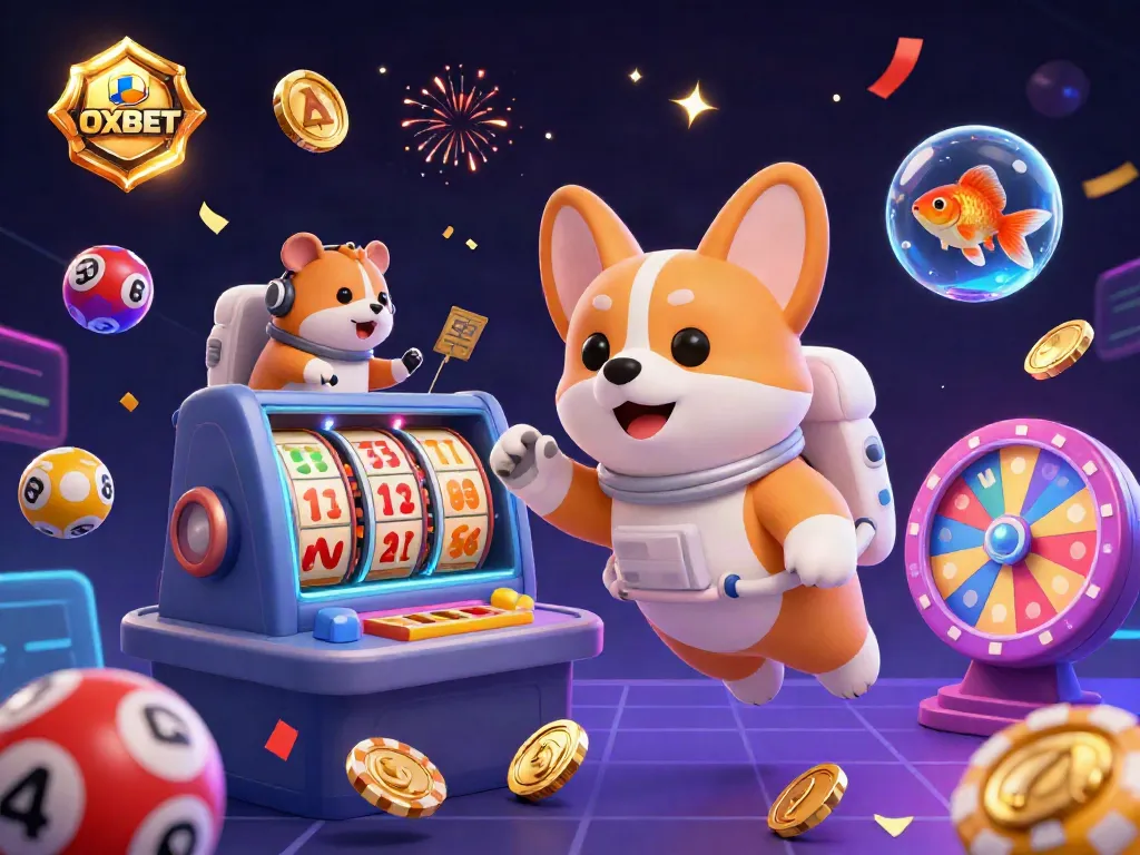 Engage with OXBET's exciting gambling atmosphere in a vibrant 3D casino scene full of floating colorful elements and characters.
