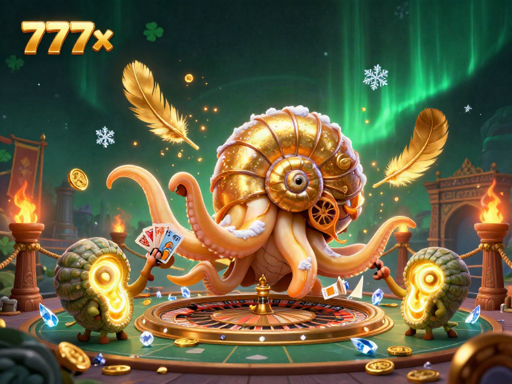 Spin the roulette wheel with 777x, amidst vibrant casino elements and golden treasures.