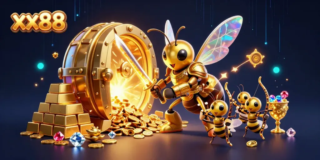 Experience the thrill of xx88 with a vibrant 3D scene filled with treasures and a heroic hornet.