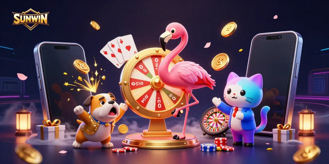 Engage in the excitement of SUNWIN gaming with a vibrant 3D illustration showcasing dynamic casino elements.
