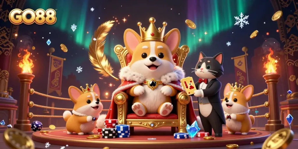 Engage in the thrilling world of GO88, where royal corgis rule the casino realm with poker chips and golden card decks.