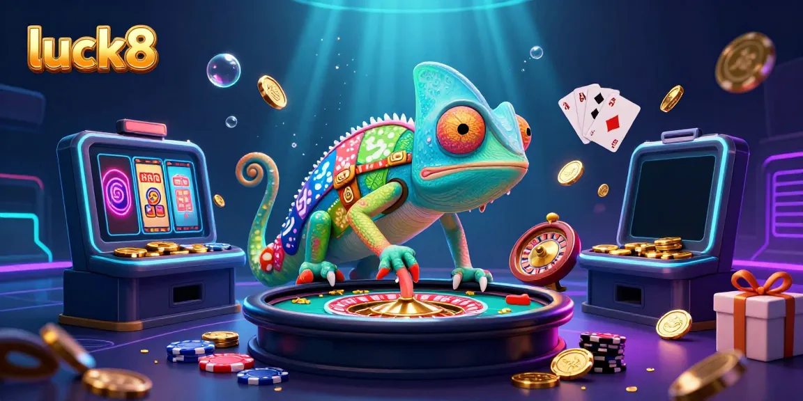 Experience luck8's vibrant chameleon casino owner amidst spinning reels and golden coins, delivering a thrilling gaming atmosphere.