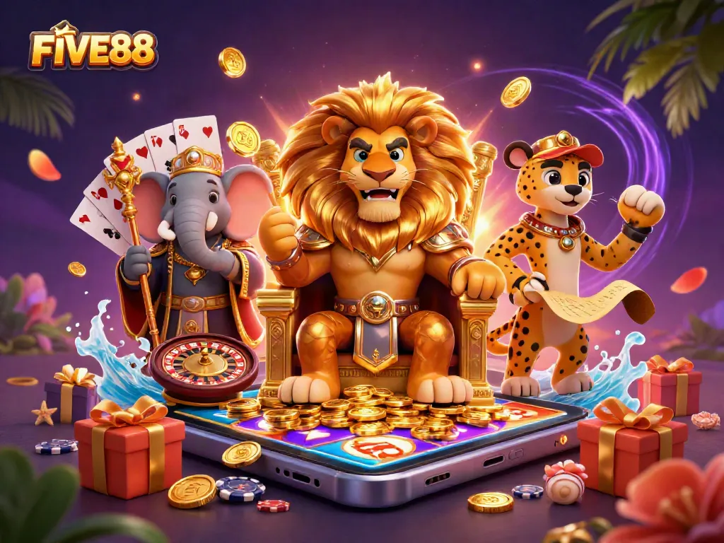 Experience thrilling gaming with FIVE88 in this vibrant, dynamic casino illustration.