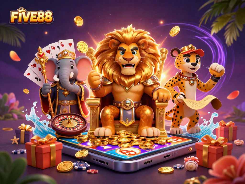 Experience thrilling gaming with FIVE88 in this vibrant, dynamic casino illustration.