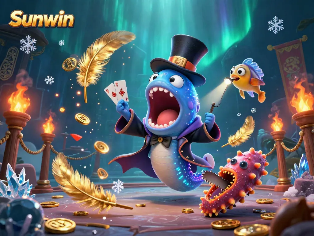 Sunwin's engaging 3D underwater casino scene featuring a magical eel performing card tricks.