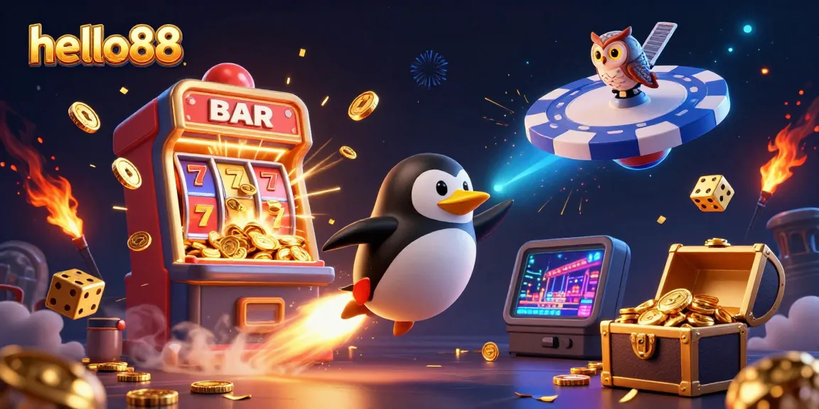 Experience the exciting adventure of hello88 with a golden penguin and vibrant casino elements in outer space.