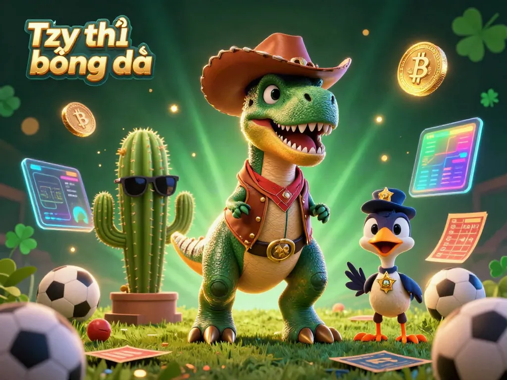 Engaging sports betting scene with Tỷ lệ bóng đá elements featuring a cowboy dinosaur, cactus, and roadrunner amidst vibrant game symbols.