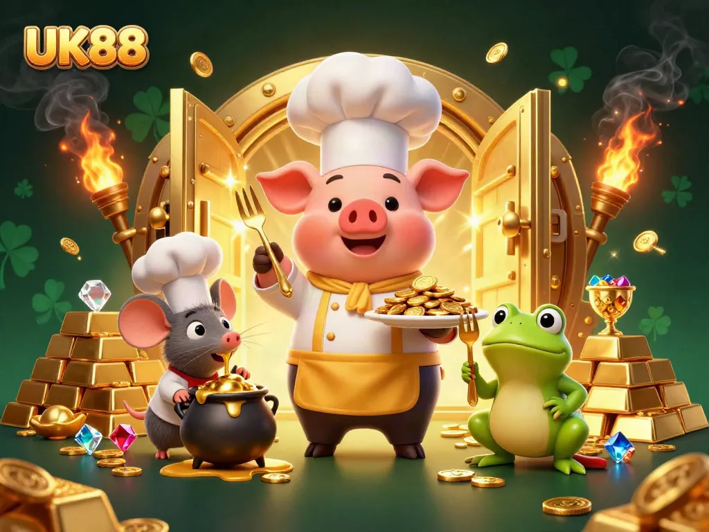 Experience the vibrant excitement of UK88 with golden treasures surrounded by lively characters.