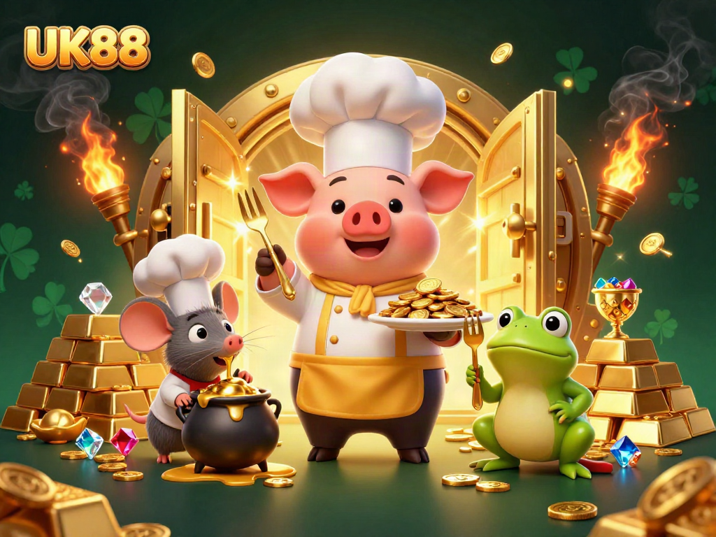 Experience the vibrant excitement of UK88 with golden treasures surrounded by lively characters.