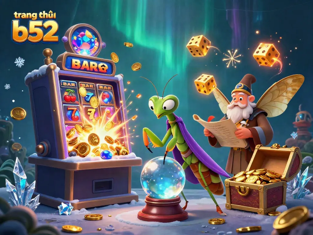 Experience the excitement of gambling with the "trang chủ b52" featuring colorful slot machines and vibrant character interactions.