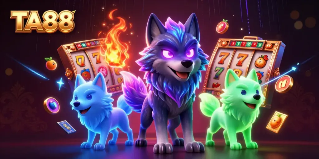 Experience thrilling action with TA88's lively casino scene featuring animated wolves and vibrant slot elements.
