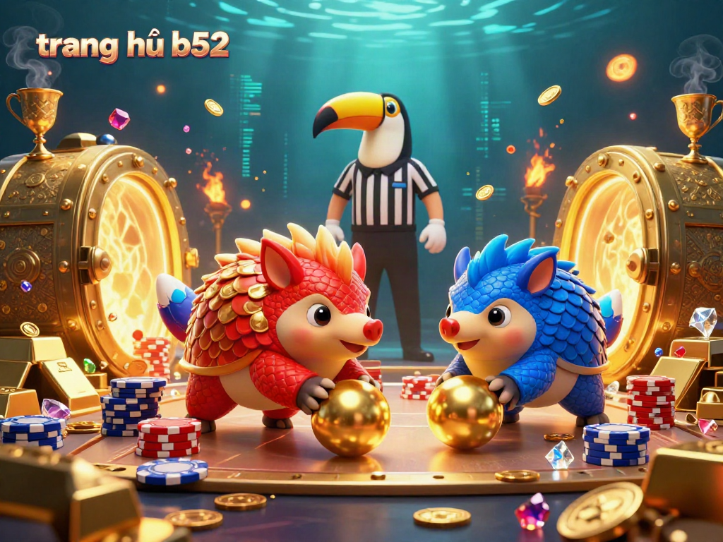 Engage with the vibrant scene at trang chủ b52, featuring rival pangolins and a toucan referee among sparkling gold and gems.