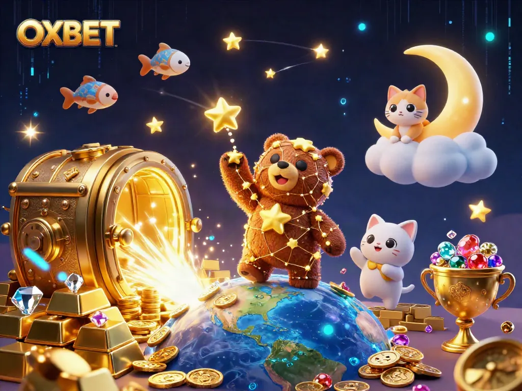 Experience OXBET’s captivating 3D illustration showcasing a golden star bear and treasure in a vibrant casino scene.