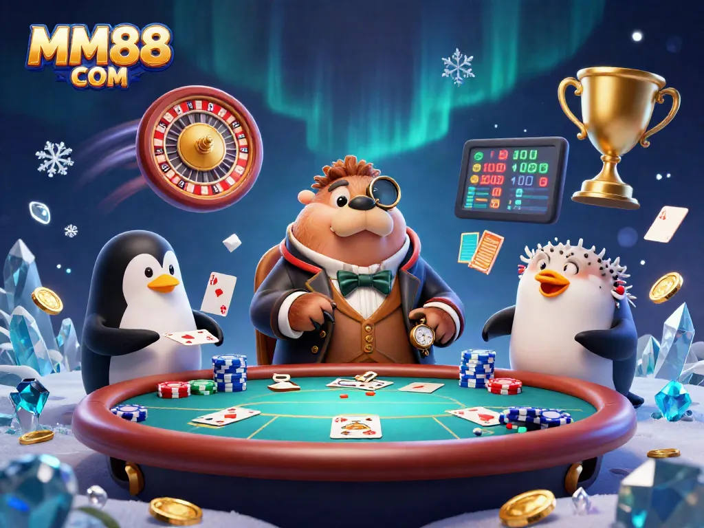 Engage in an underwater casino scene with MM88 COM featuring a walrus, penguin dealer, and pufferfish player.