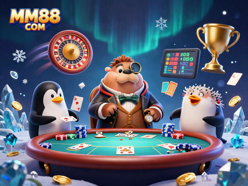 Engage in an underwater casino scene with MM88 COM featuring a walrus, penguin dealer, and pufferfish player.