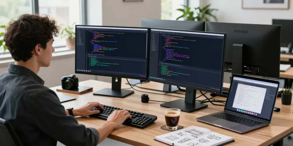 Developer enhancing instant indexing features at a modern workspace.